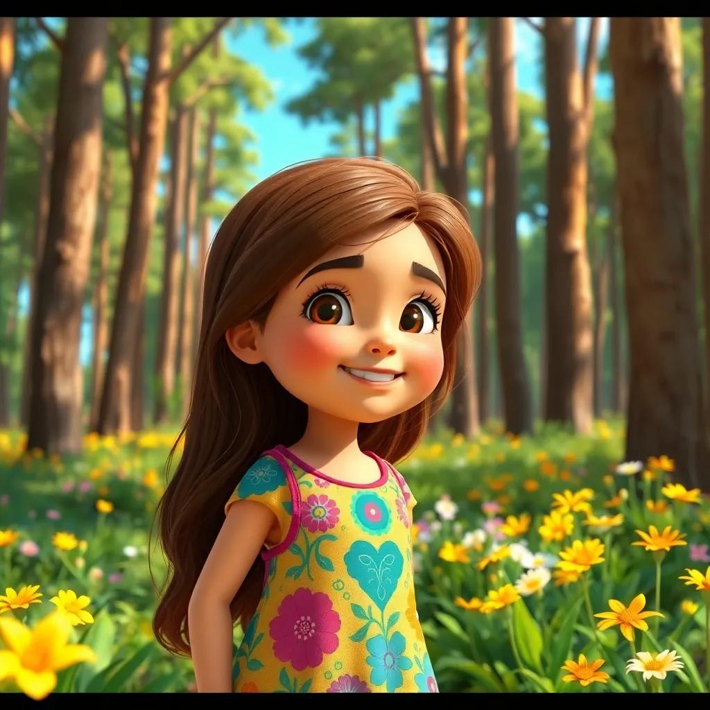 A young Arab girl, Maryam, with long brown hair wearing a colorful dress, exploring a sunny forest full of tall trees and bright flowers, joyful expression, digital art, vibrant colors, cheerful atmosphere, high quality