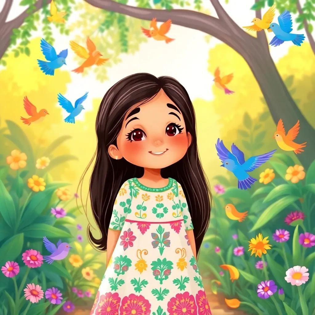 A young Arab girl, Khadija, with long, dark hair, wearing a colorful dress, happily standing in a garden, surrounded by colorful birds flying, digital art, cheerful atmosphere, bright colors, inviting scene, high quality