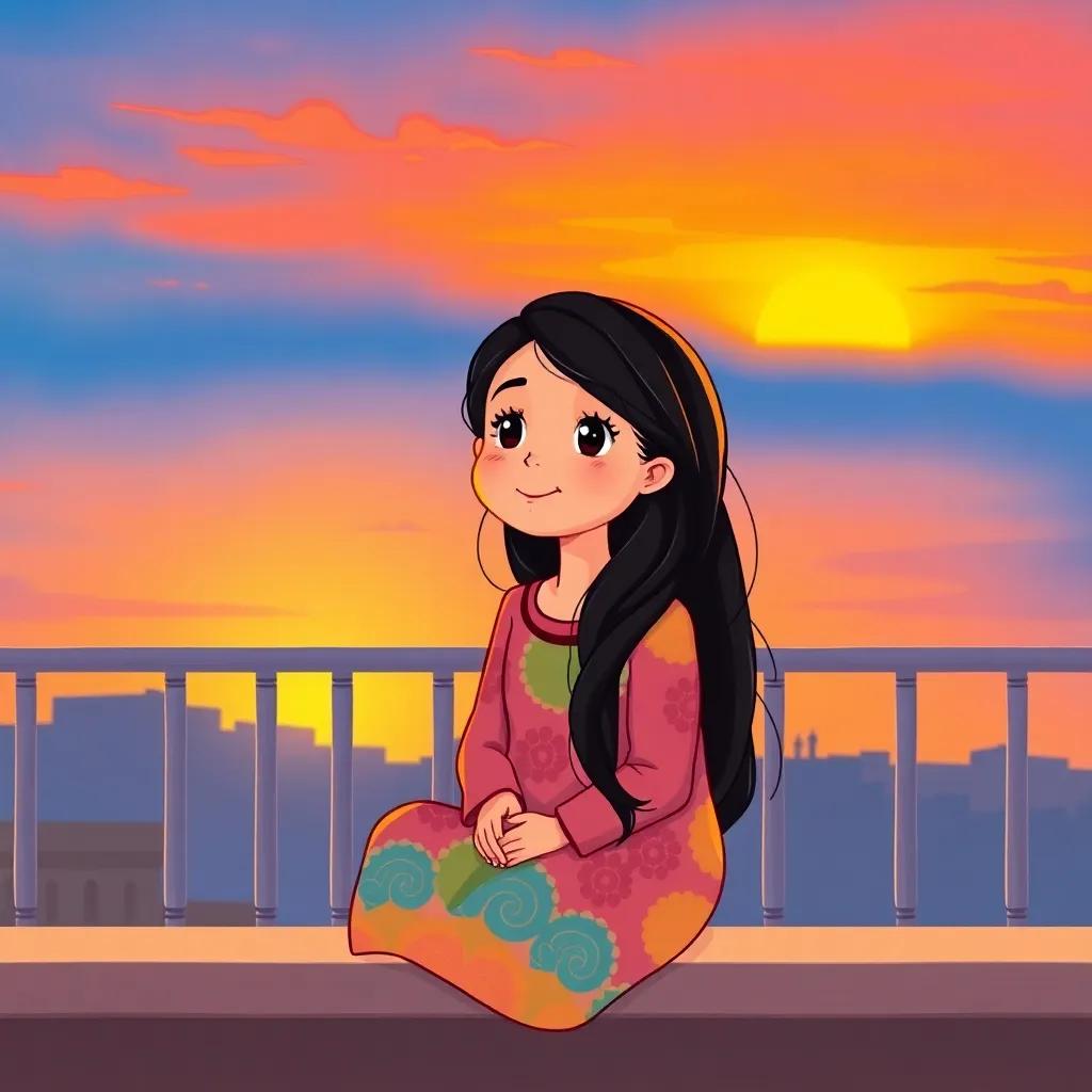 A young Arab girl, Khadija, with long, dark hair, wearing a colorful dress, sitting on a balcony at sunset, gazing at the sky with happy expression, surrounded by beautiful sunset colors, illustration, warm and soothing, child-friendly, high quality