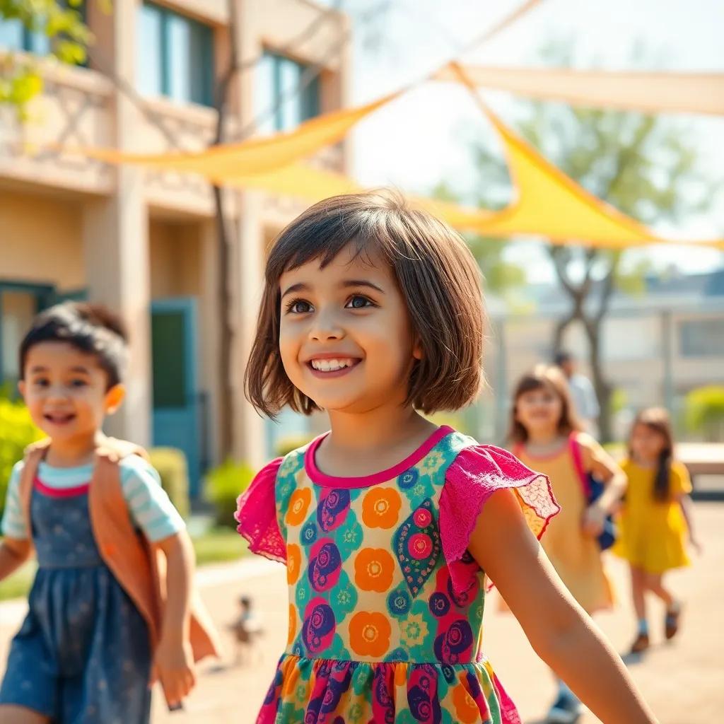 A young Arab girl, Sarah, with short brown hair wearing a colorful dress, playing with friends in a sunny school playground, filled with laughter and joy, digital art, vibrant colors, cheerful atmosphere, high quality