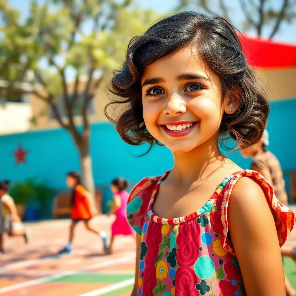 SARA a young Arab girl, with wavy dark hair, wearing a colorful dress, cheerful while playing with friends in a school playground under the sun, digital art, bright colors, joyful atmosphere, high quality