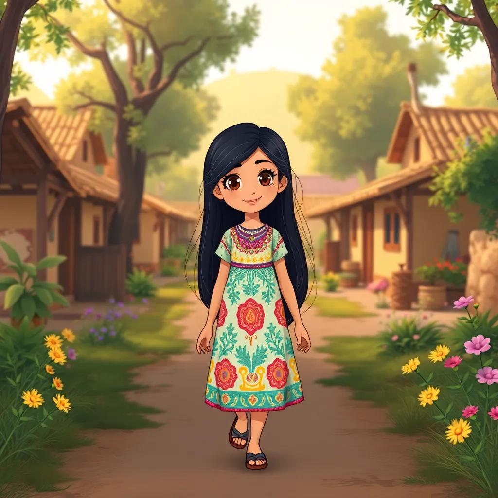 A young Arab girl, Sahab, with long, black hair, wearing a colorful dress, walking in a small village, with trees and flowers around her, illustration, cheerful and vibrant, warm light, high quality