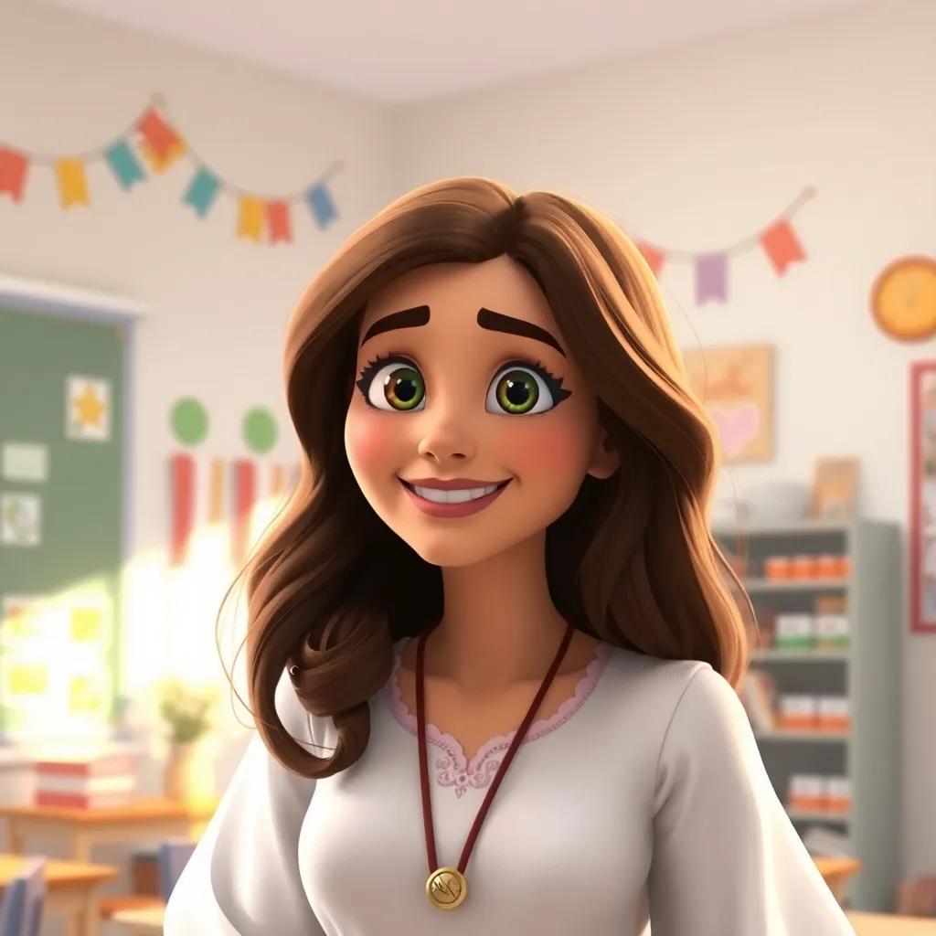 Sahab's teacher, Hadeel, a kind Arab woman, with brown hair wearing a white dress, smiling in the classroom, surrounded by colorful decorations, digital art, inviting atmosphere, soft light, bright colors, high quality
