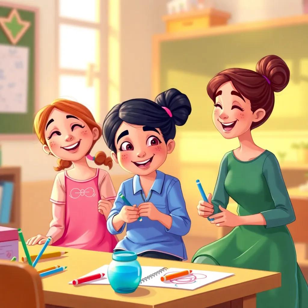 Sahab sitting with her friends, Tain in a blue shirt, Mihawi in a pink dress, and Layla, in a green dress, all laughing and drawing together in the classroom, illustration, playful and bright, warm light, high quality