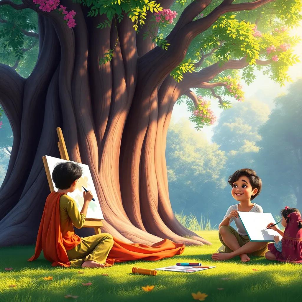 Sahab painting a large tree with bright colors, her friends nearby drawing and laughing, a sense of joy in the air, digital painting, vivid and colorful, soft sunlight, high quality
