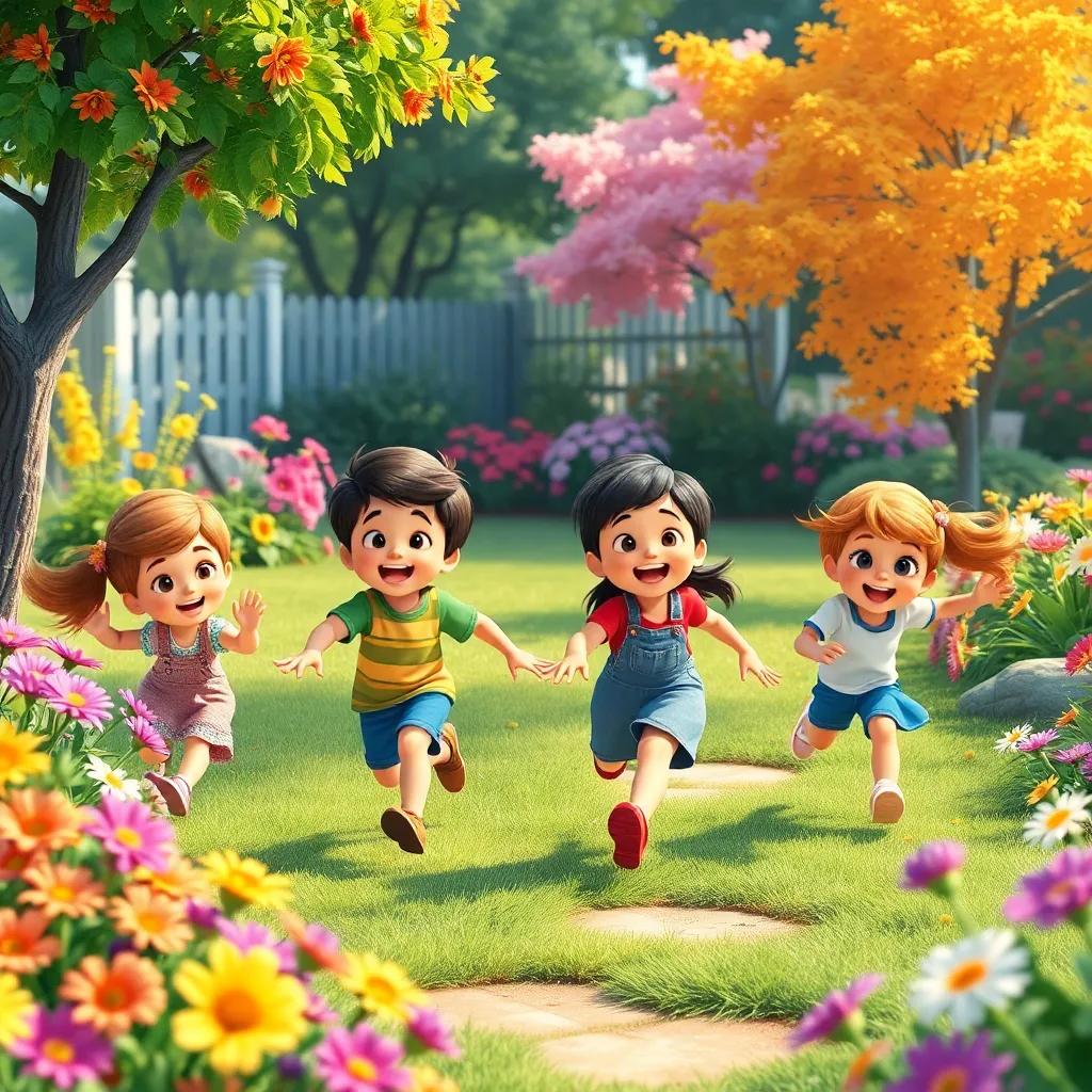 Children playing together in the garden, running around, with colorful flowers and trees around, all full of joy and excitement, digital art, lively and bright, high quality