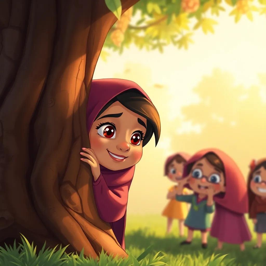 Sahab hiding behind a tree, her eyes sparkling with excitement, as her friends search for her, illustration, imaginative, playful colors, warm light, high quality