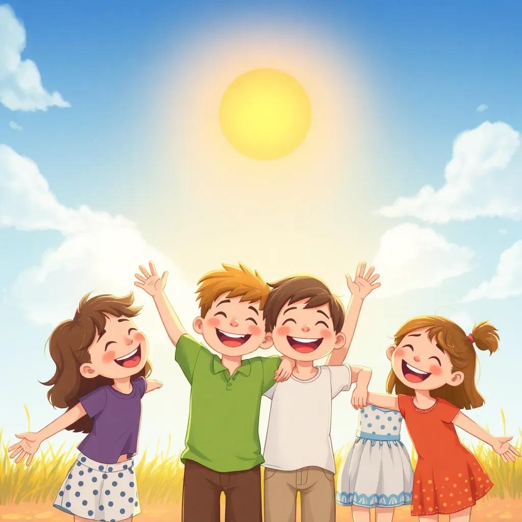 The children feeling happy together, celebrating their friendship under the bright sun, with smiles and laughter all around, illustration, joyful and bright, high quality