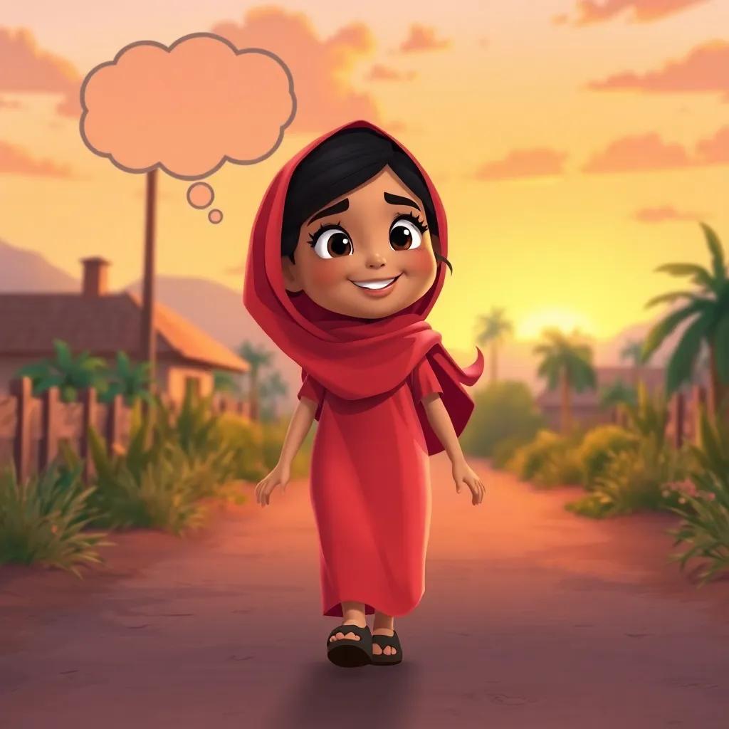 Sahab walking home with a smiling face, thinking about her adventures at Bawakeer, cartoon art, warm sunset colors, high quality.