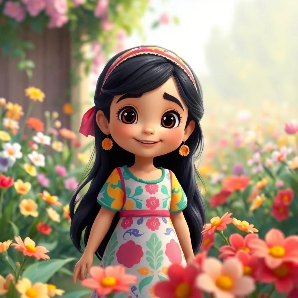 A young Arab girl, Sahab, with long black hair, wearing a colorful dress and a headband, playing in a beautiful garden filled with flowers, digital art, vibrant colors, cheerful atmosphere, high quality
