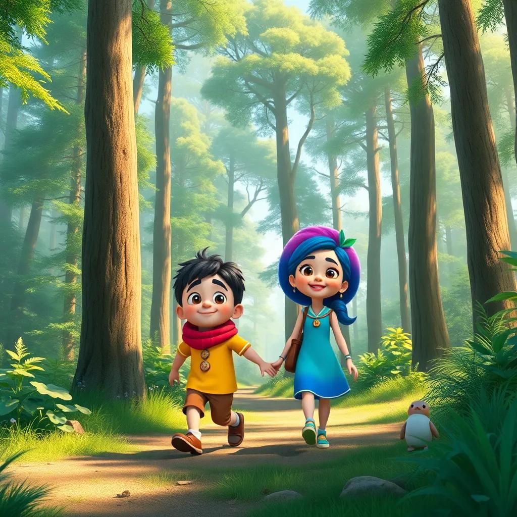 Sahab and Loli going for a walk in a sunny forest, tall trees surrounding them, colorful and lively, adventure-themed, rich greens and blues, high quality