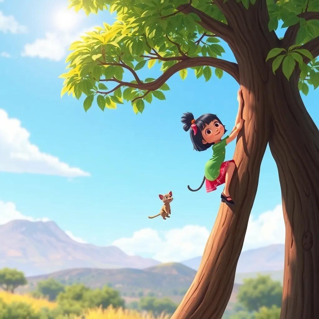Sahab, climbing a tree with determination and Loli cheering her on from below, a small cat stuck in the tree, scenic view, bright sky, engaging and dynamic, high quality