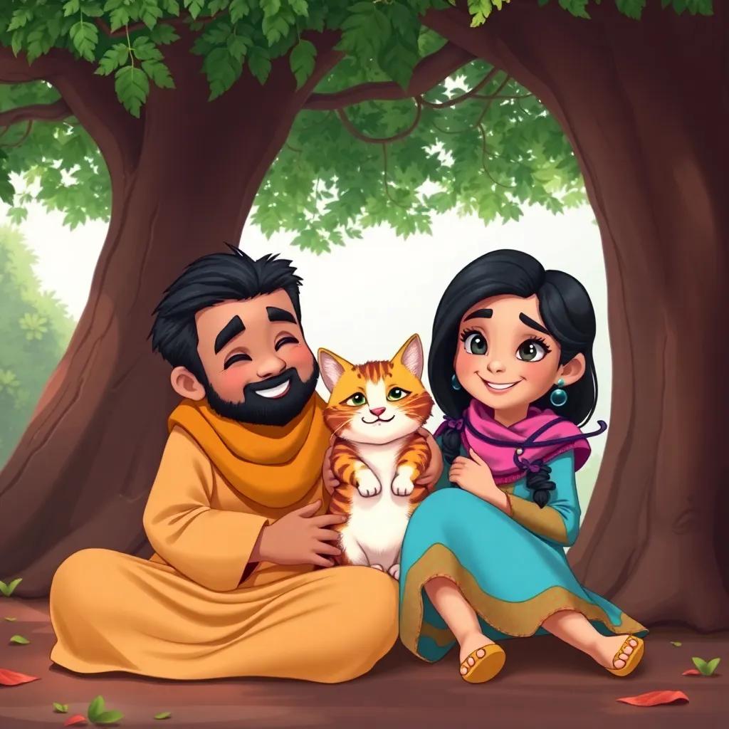 Sahab holding the rescued cat, Loli by her side, all sitting together under a big tree, cheerful expressions, harmonious scene, cool colors, heartwarming atmosphere, high quality