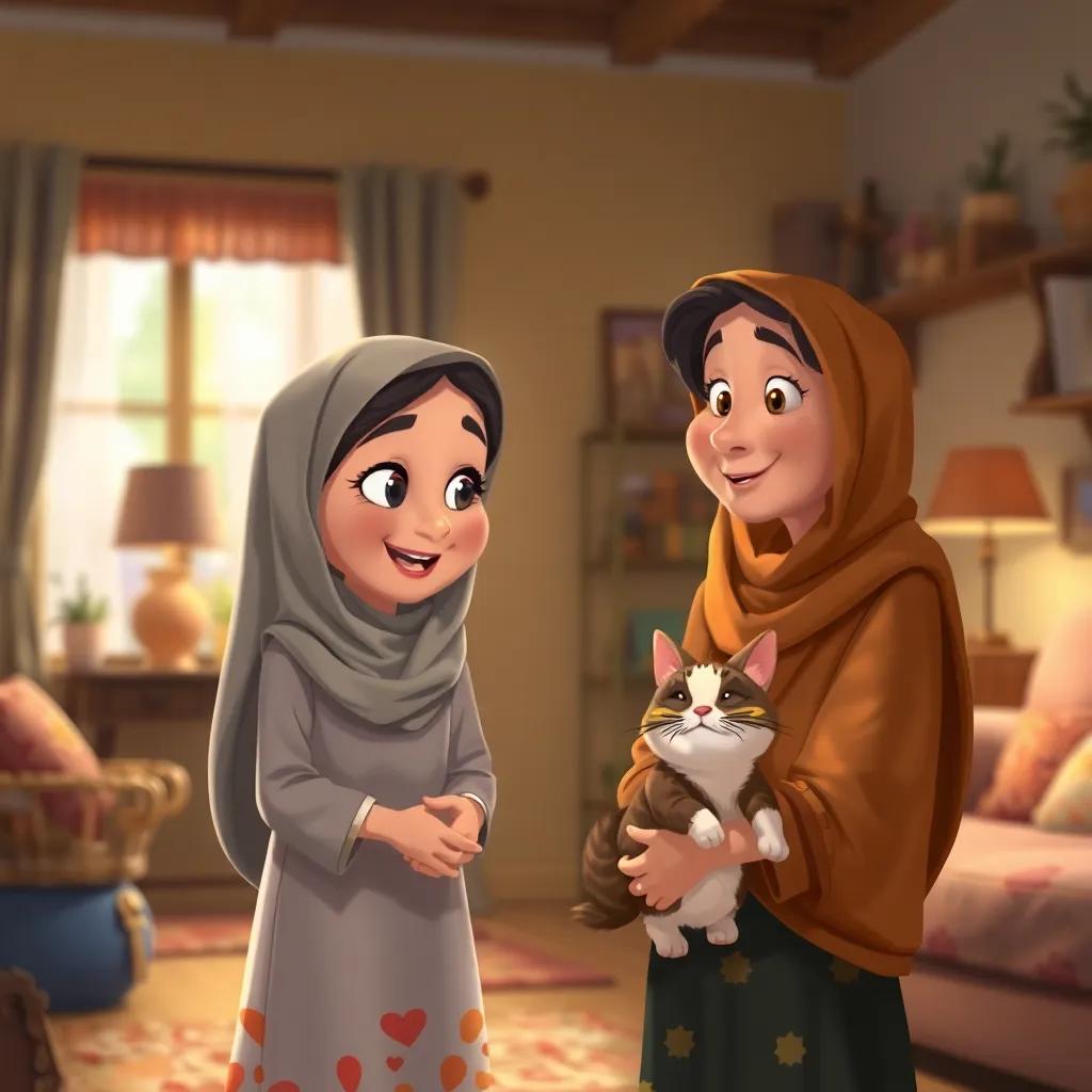 Sahab returning home, telling her mother about her adventure with Loli and the new cat friend, cozy home background, warm light, family moment, engaging storytelling, high quality