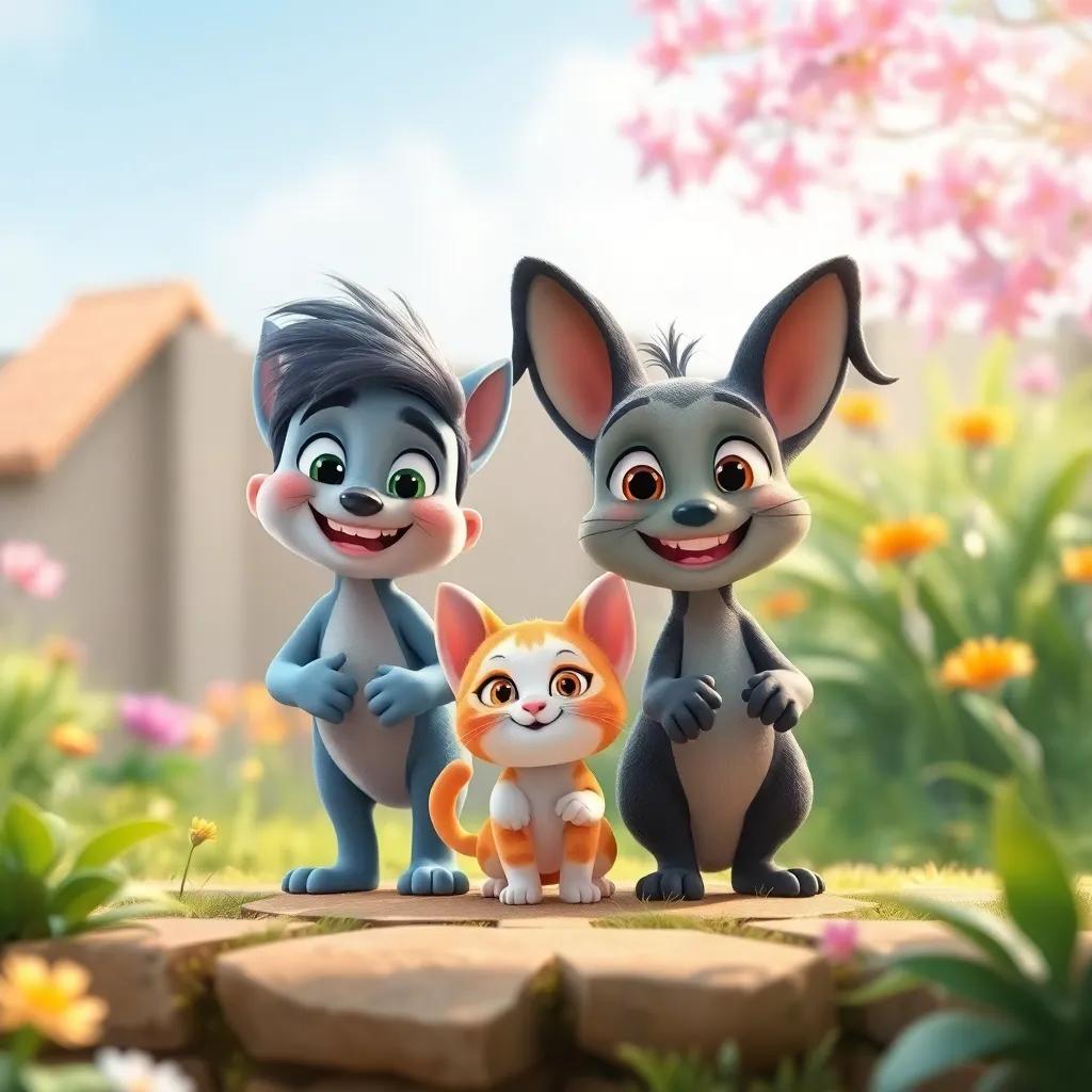 The happy trio, Sahab, Loli, and the small cat, enjoying their day together, playing joyfully in the garden again, vibrant, inviting, child-friendly, high quality