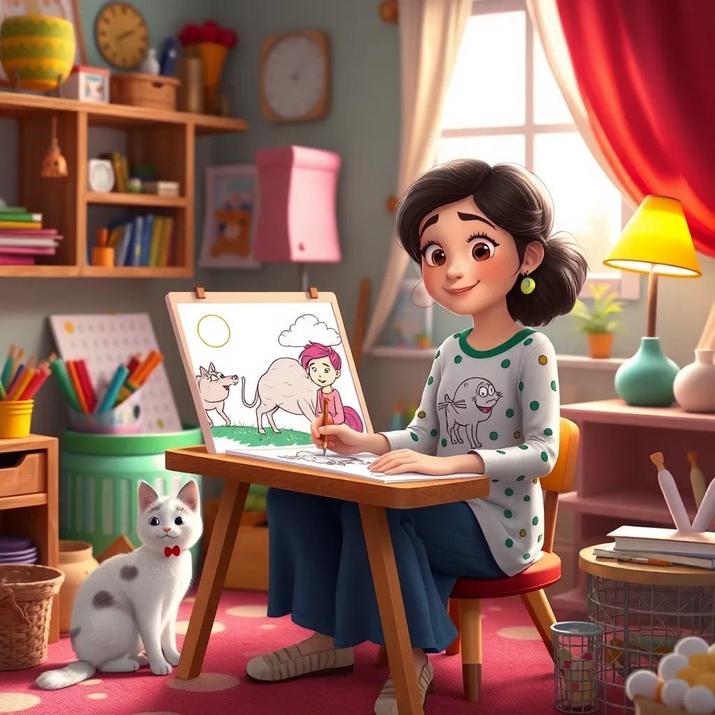 Sahab sitting in her room, drawing pictures of her adventures with Loli and the cat, creative atmosphere, colorful art materials around, engaging and imaginative, high quality