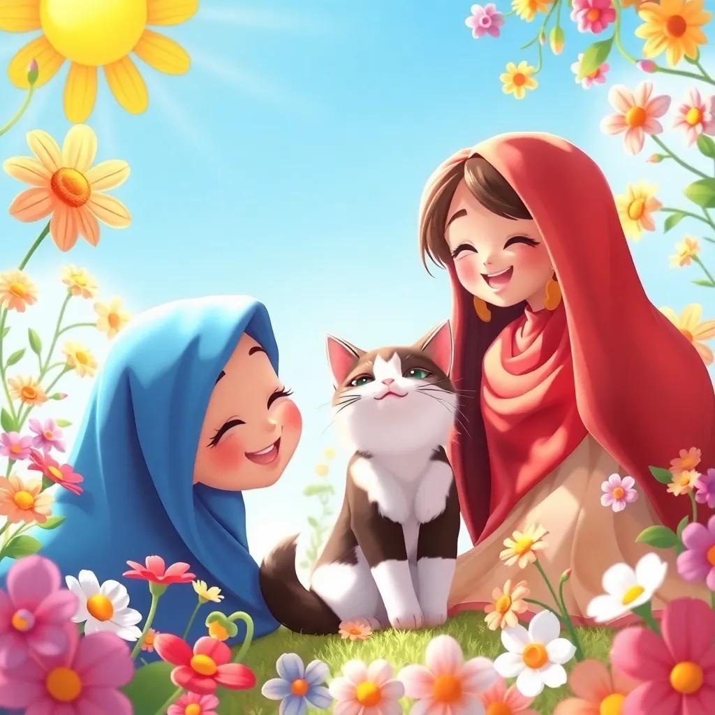 A picture of Sahab, Loli, and the cat that captures their joyful spirits, surrounded by flowers and sunshine, cheerful, vibrant colors, uplifting art, high quality