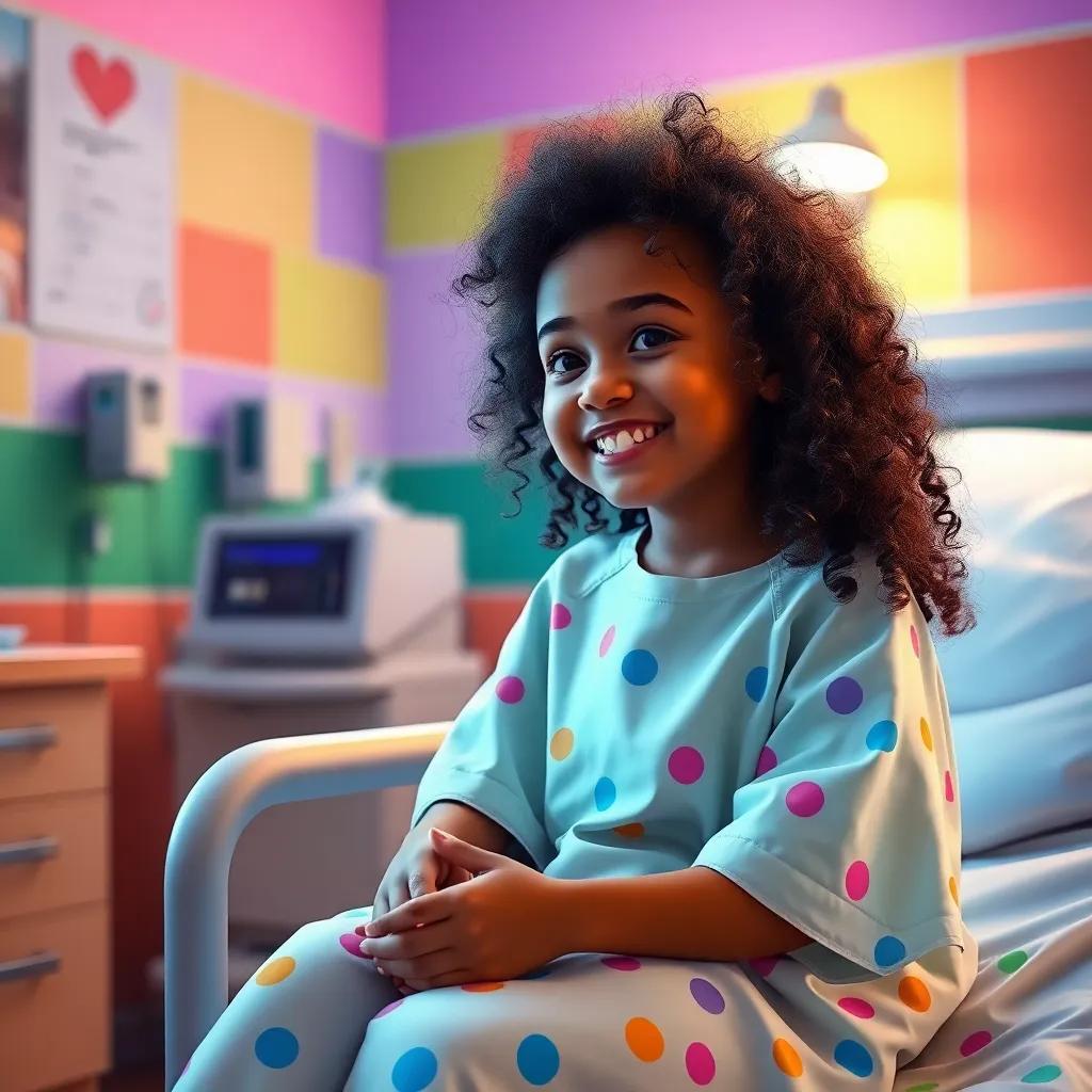 A young girl, Malika, with curly brown hair, wearing a cheerful hospital gown, sitting in her hospital room with colorful walls, smiling brightly as she talks with her mother, digital art, vibrant colors, warm atmosphere, heartwarming