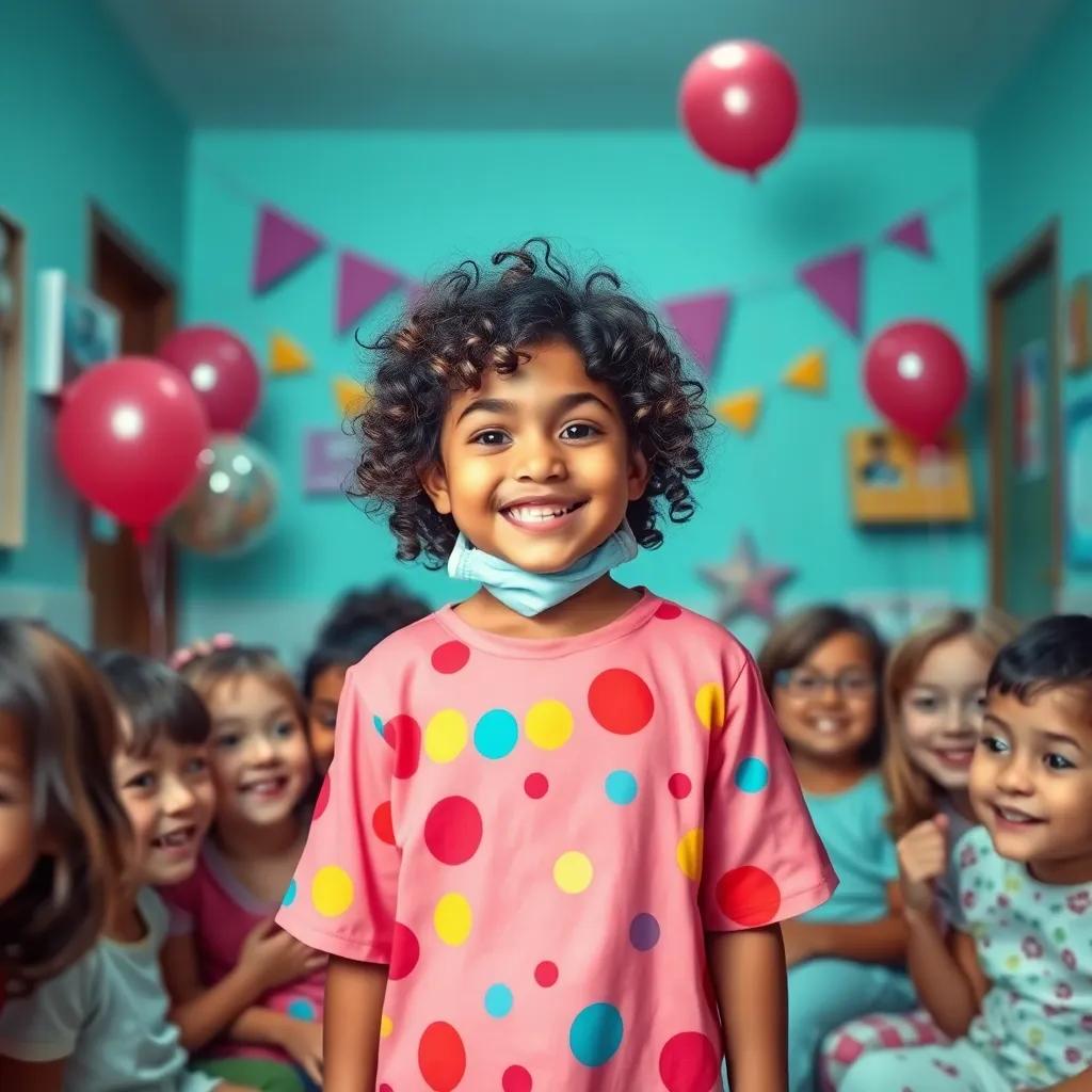 Malika, a young girl with curly brown hair in a colorful hospital gown, happily participating in a small party with balloons and decorations in the room at the hospital, cheerful children's faces around, joyful atmosphere, explanation of friendship and joy, bright colors