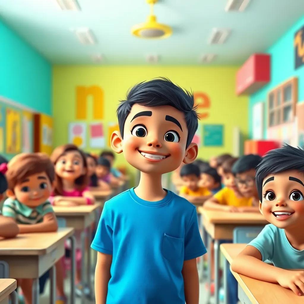 A classroom with bright colorful walls, filled with students having fun, with a new boy named Sami, a shy Middle-Eastern boy with short black hair and wearing a blue t-shirt, smiling and being welcomed by his classmates, digital art, vibrant colors, cheerful atmosphere, high quality