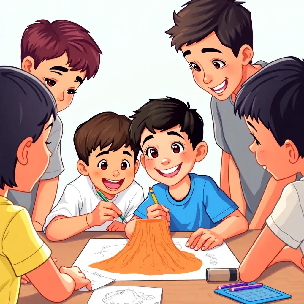 A group of children excitedly working together on a science project, sketching ideas for a volcano model, Sami, a Middle-Eastern boy with short black hair in a blue t-shirt, smiling and holding a pencil, surrounded by other kids, digital painting, bright and lively, teamwork vibe, high quality