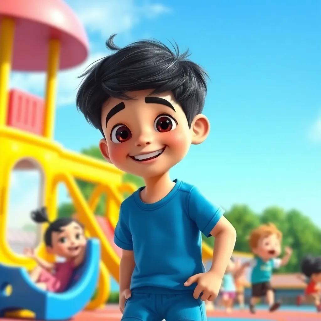 A new boy, Sami, with short black hair, wearing a blue t-shirt and shorts, smiling and playing with children in a colorful playground, digital illustration, bright colors, cheerful atmosphere, high quality