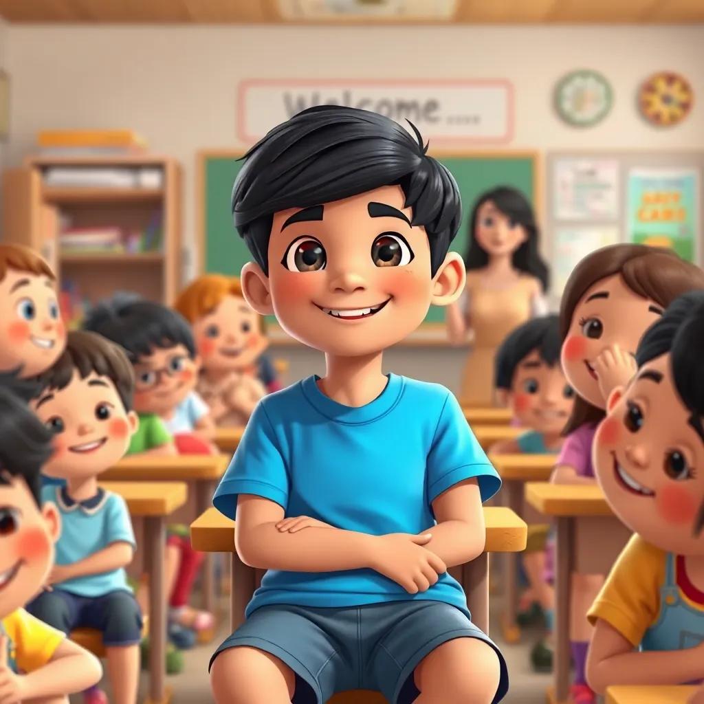 Sami, a new boy with short black hair in a blue t-shirt and shorts, sitting in a classroom surrounded by smiling children, a welcoming teacher in the background, warm colors, friendly environment, heartwarming scene, high quality