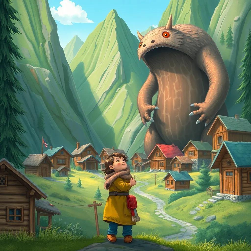 A small village surrounded by tall, green mountains, with houses made of wood, and a timid little boy, Sami, looking up at a giant and mysterious creature, in a whimsical artistic style, colorful, friendly atmosphere, captivating view