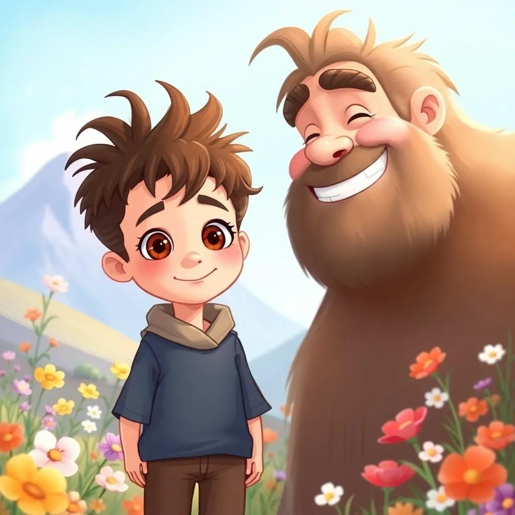 Sami, a small boy with big brown eyes and messy hair, standing next to a gentle giant, with a friendly smile, in a beautiful landscape filled with flowers, soft light, cheerful vibe, heartwarming scene