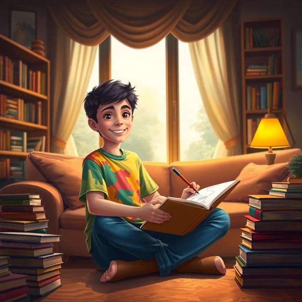 A young Arab boy, Sami, with short, dark hair, wearing a colorful t-shirt and blue jeans, sitting in a cozy living room surrounded by books, illustrating his thoughts on a notepad, warm light, inviting atmosphere, cheerful expression, digital illustration, high quality