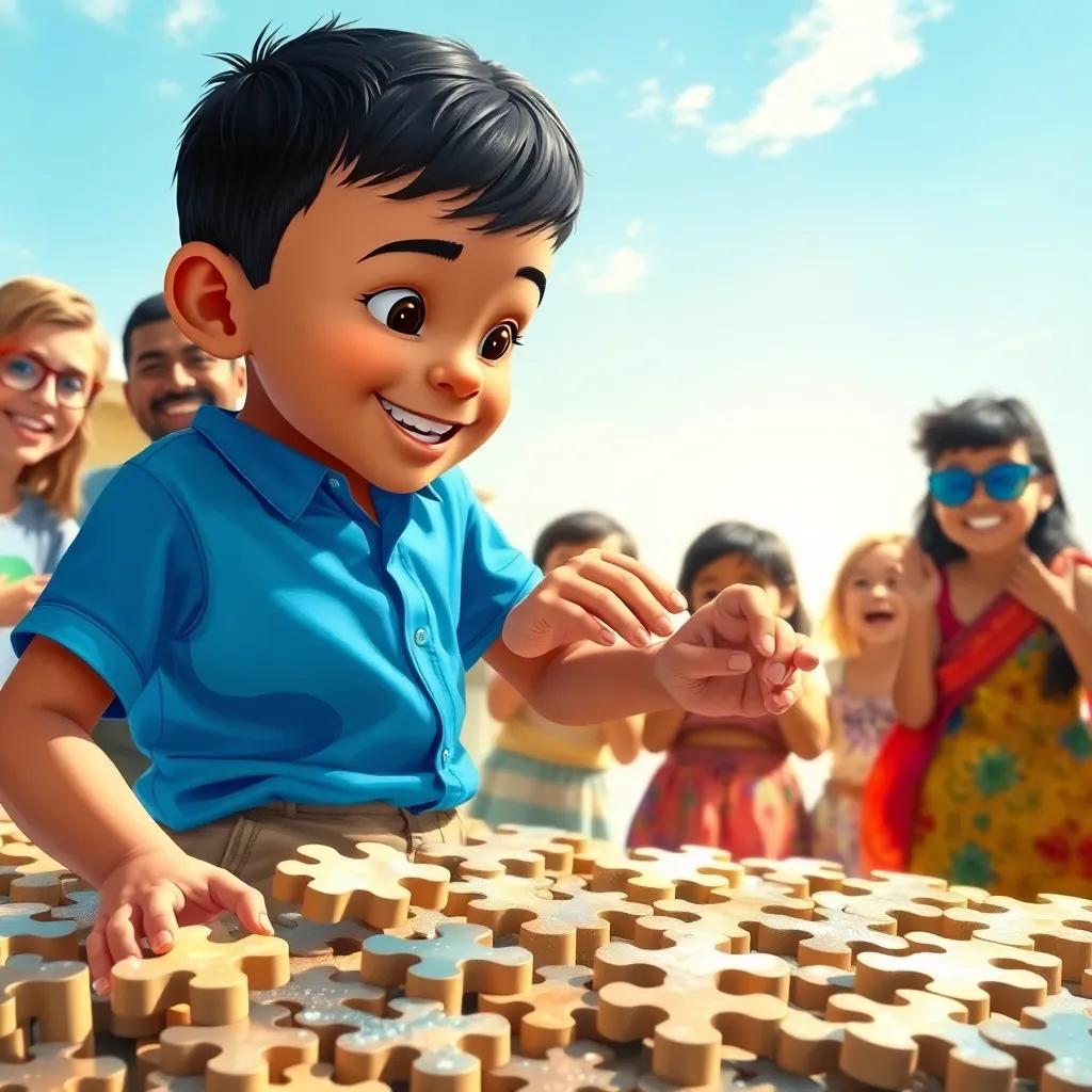 Omar, a young Arab boy with short black hair in a bright blue shirt and khaki shorts, solving a big puzzle on a sunny day, surrounded by happy friends who are cheering, colorful, bright light, joyful atmosphere, engaging quality