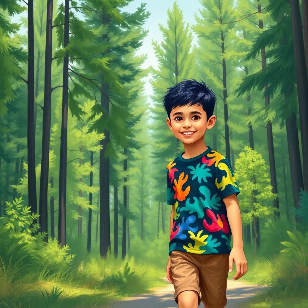 A young Arab boy, Sami, with short black hair, wearing a colorful t-shirt and shorts, happily walking towards a green forest filled with tall trees, sunny day, bright colors, cheerful mood, child-friendly, high quality