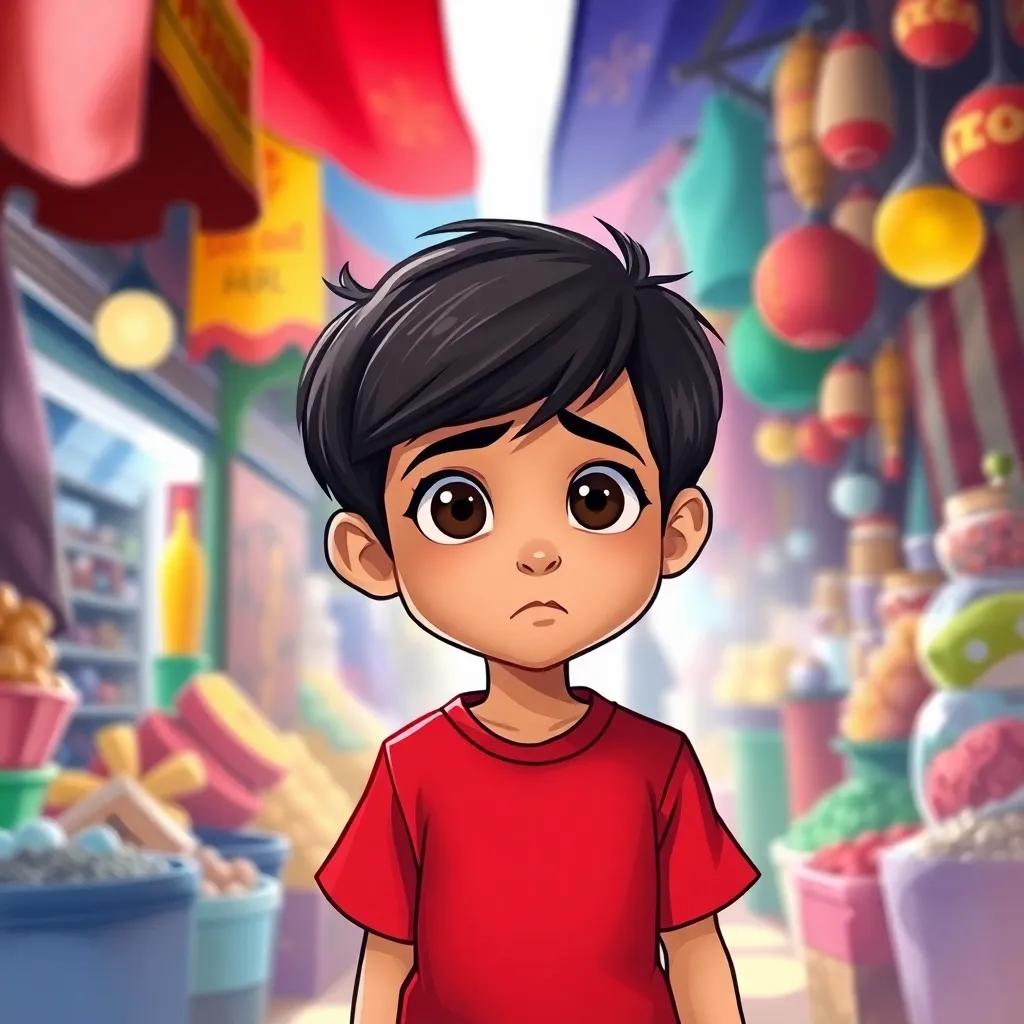 A small Arab boy, Karim, with short dark hair wearing a bright red shirt, looking worried in a crowded market, colorful stalls around him, digital art, vibrant atmosphere, high detail, engaging perspective, child-friendly