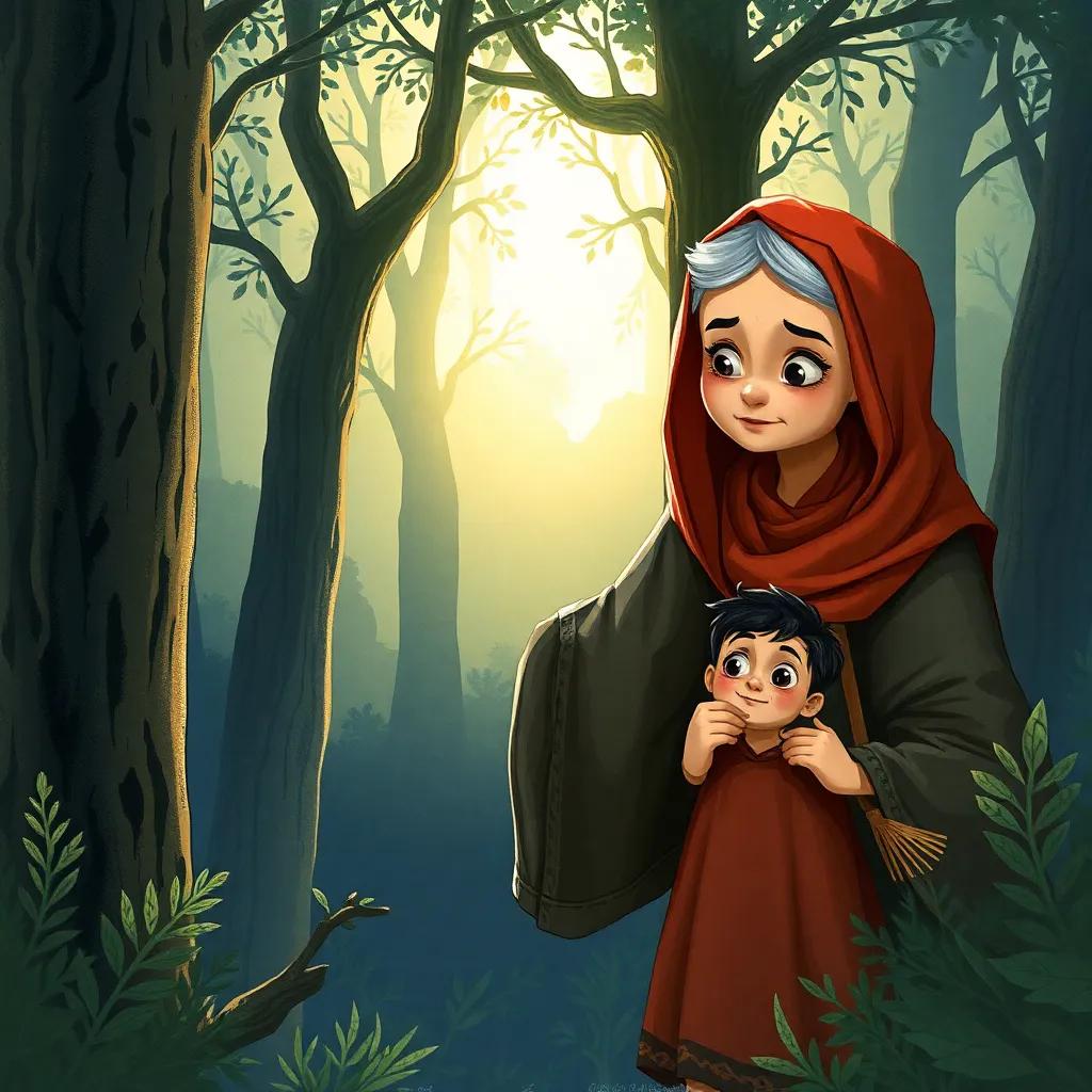 An old woman with gentle eyes and a traditional dress, helping a small Arab boy, Karim, in a dark, mysterious forest, morning light breaking through trees, detailed illustration, calm and inviting, warm colors, storytelling view