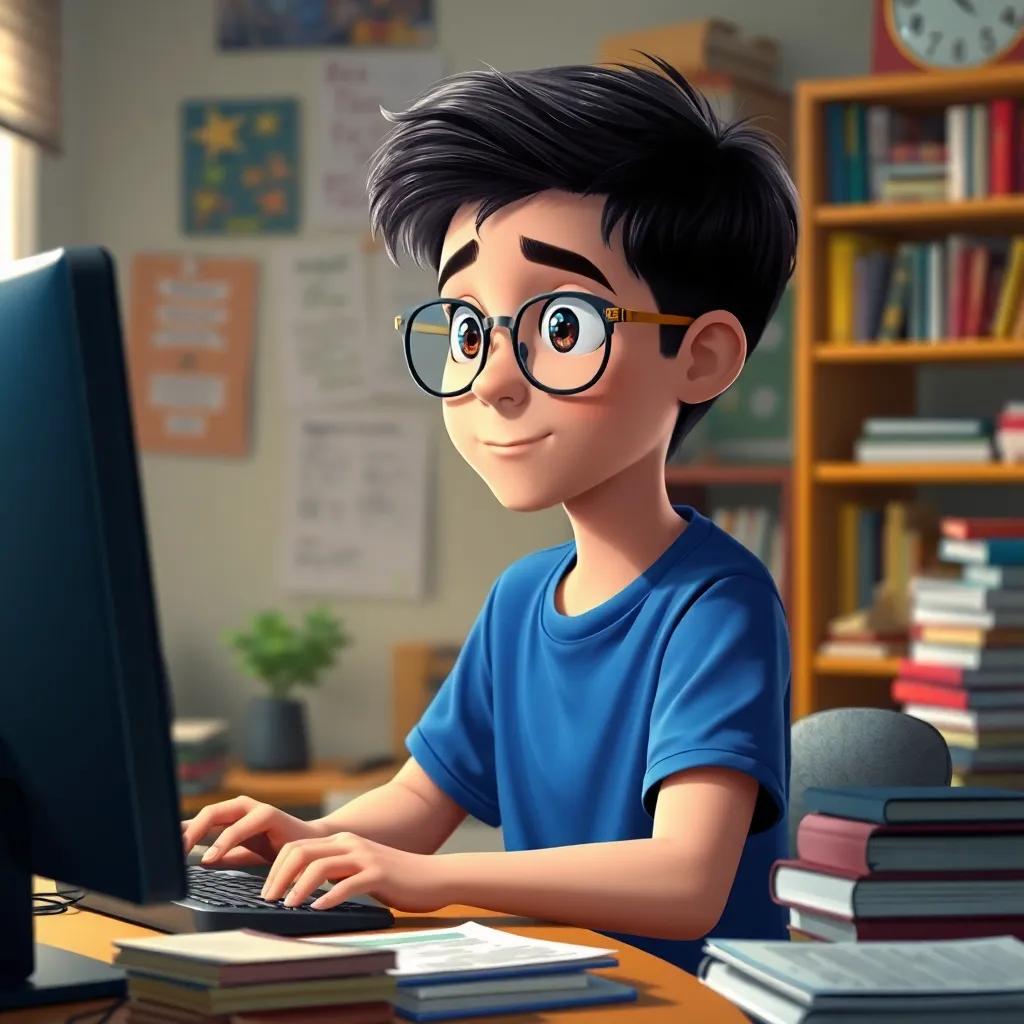 A young boy, Sami, with short black hair, wearing a blue t-shirt and glasses, sitting at a desk cluttered with a computer and books, vibrant colors, inspirational atmosphere, detailed digital art