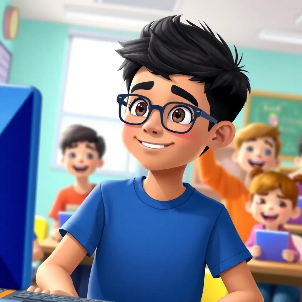Sami, a young boy with short black hair, wearing a blue t-shirt and glasses, surrounded by friends who are excited to learn programming, colorful classroom setting, cheerful mood, engaging atmosphere, illustration