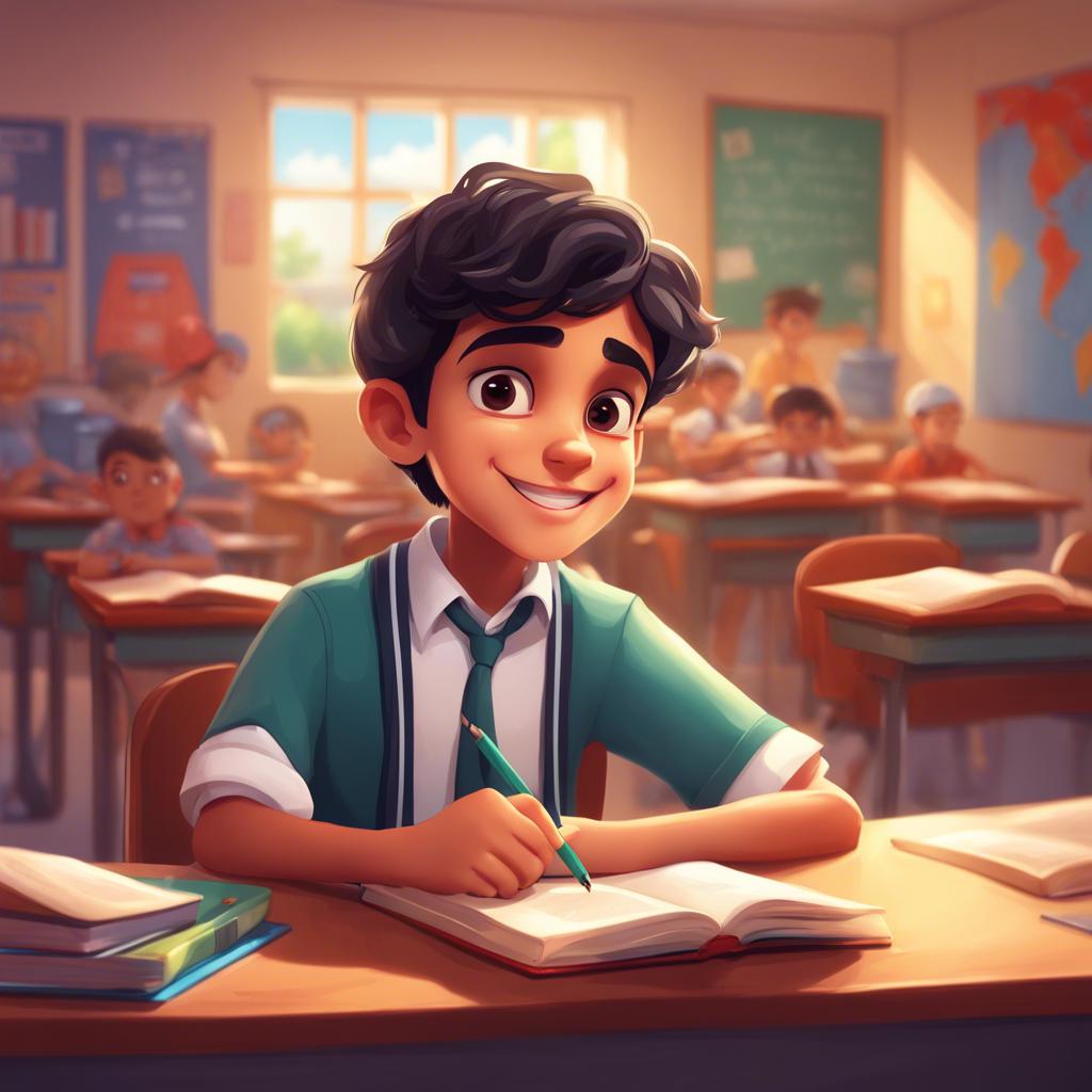 A young Arabic boy, Samer, with short dark hair, wearing a school uniform, sitting at a desk in a classroom, focused on his book with a light smile, bright and colorful classroom, digital art, cheerful atmosphere, high quality