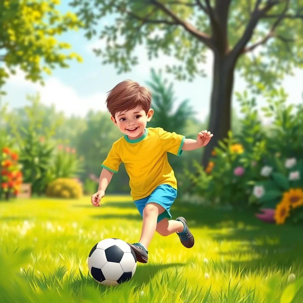 Ryan, a five-year-old child with short brown hair wearing a bright t-shirt and shorts, happily kicking a soccer ball in a sunny garden, lush green grass, digital art, cheerful atmosphere, high quality