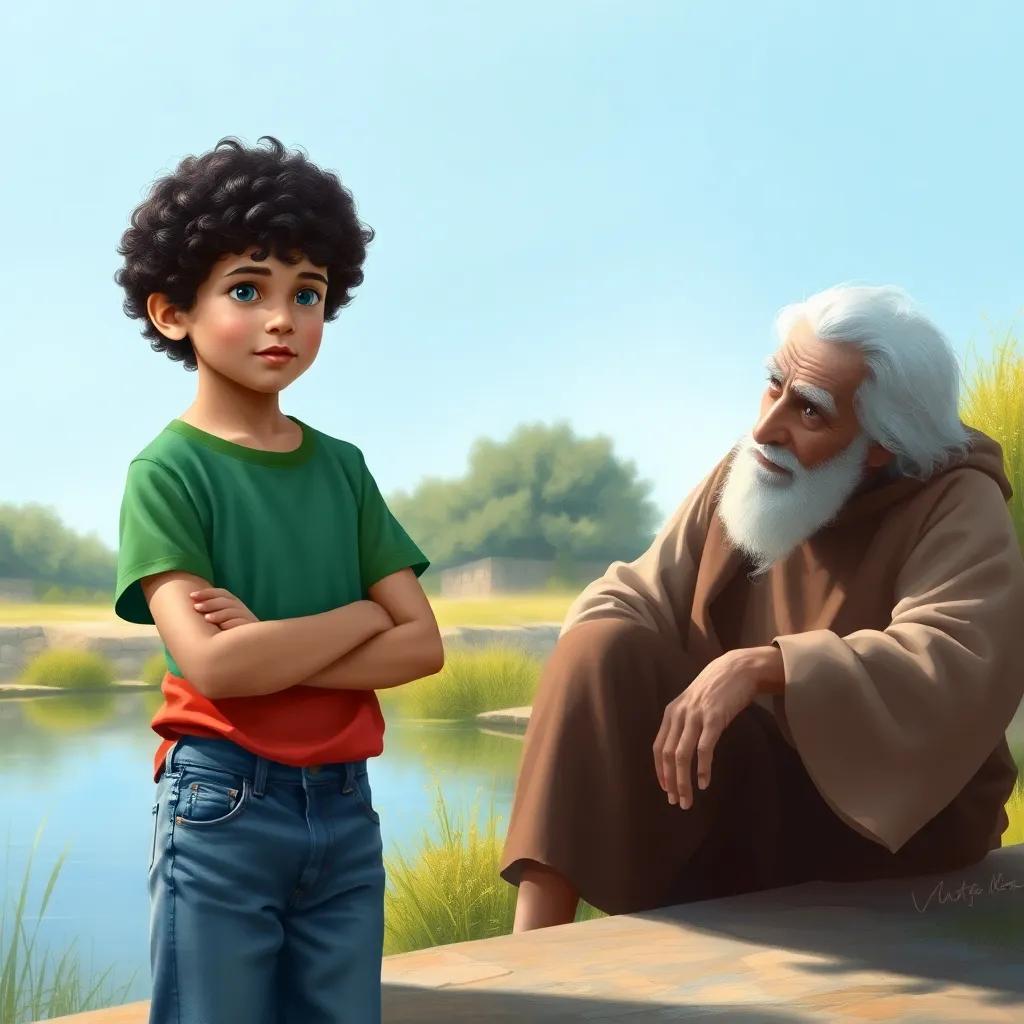 A polite child, Amer, a young Arab boy with curly black hair wearing a colorful t-shirt and jeans, standing next to an elderly man with white hair, sitting beside a pond, clear blue sky, soft light, looking determined to help, digital painting, heartwarming scene, high quality