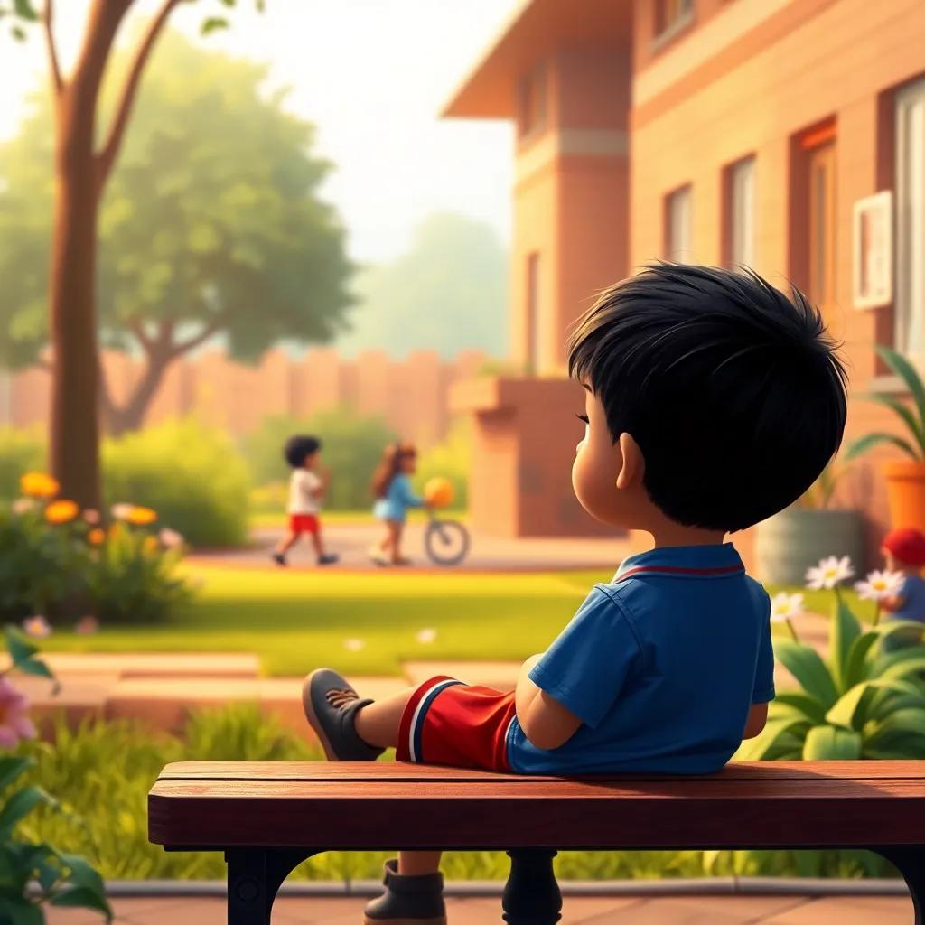 A small boy, Ali, with short black hair, wearing a blue shirt and red shorts, sitting alone on a bench in the school garden, looking sad as he watches other children play, digital art, warm colors, inviting atmosphere, high quality