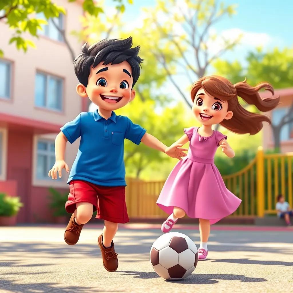 Ali, a small boy with short black hair in a blue shirt and red shorts, smiling brightly as he plays football with Sarah, a girl with long brown hair wearing a pink dress, in a sunny school playground, colorful scene, cheerful, joyous moment, high quality