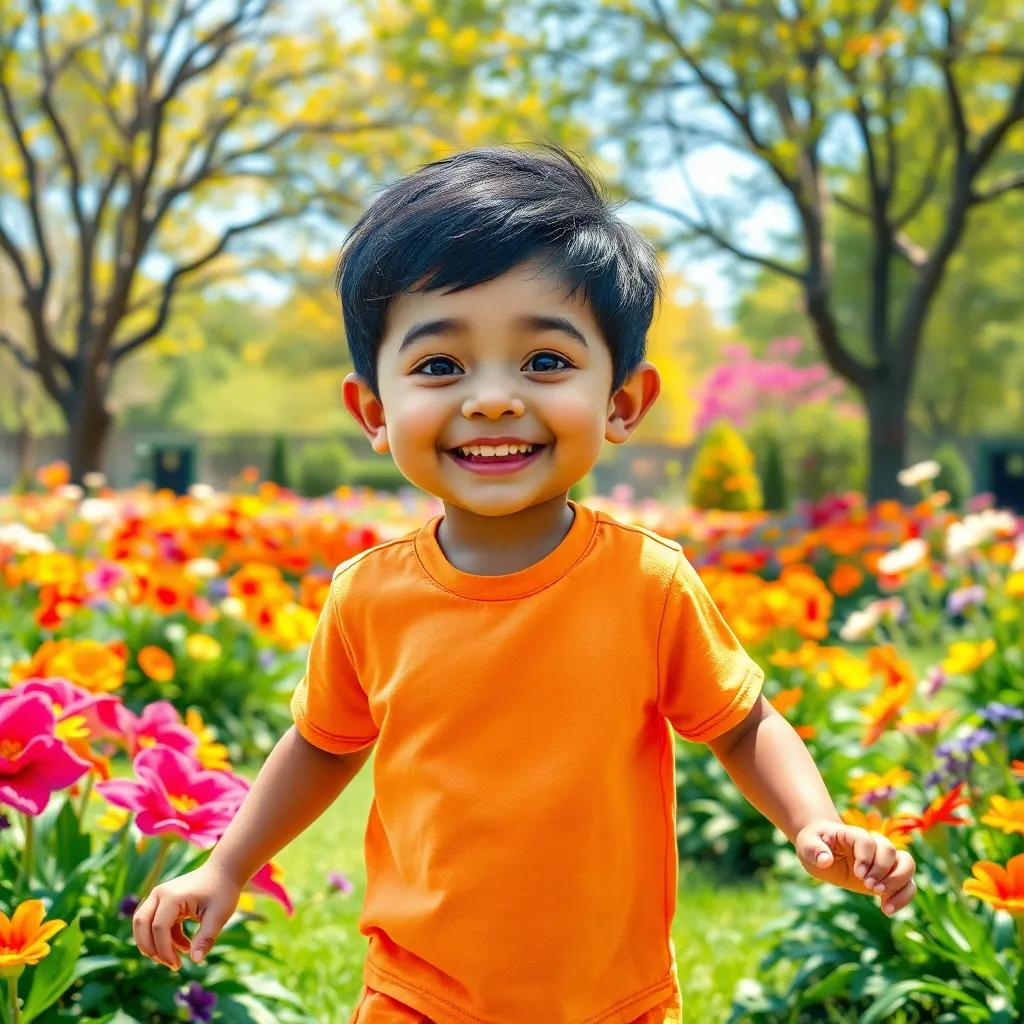 A friendly 7-year-old boy, Malek, with short black hair, wearing a bright t-shirt and shorts, playing in a big garden with colorful flowers and trees, joyful expression, sunny day, digital art, vibrant colors, cheerful atmosphere, high quality