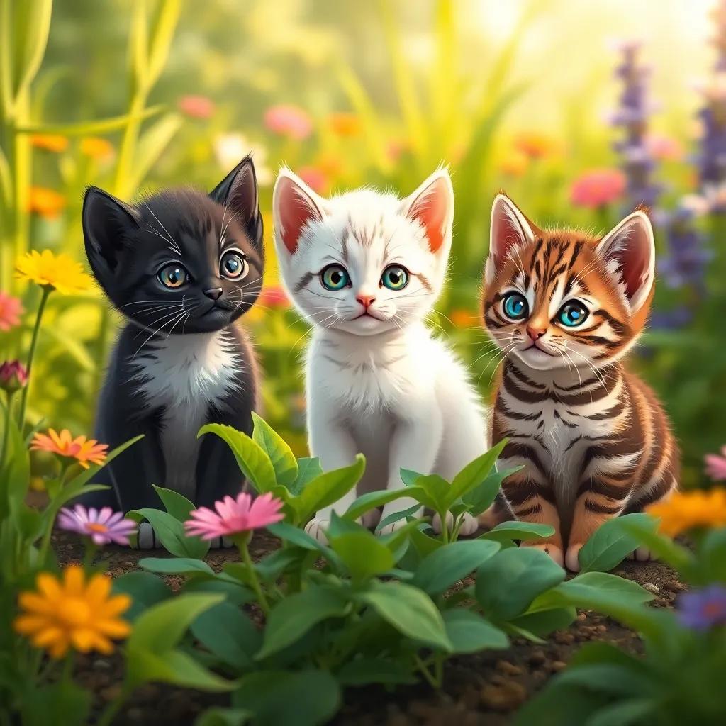 Three small kittens, one black, one white, and one brown striped, looking curiously at Malek in a garden, surrounded by green plants and colorful flowers, looking cute and playful, illustration, friendly, warm light, engaging view, high quality