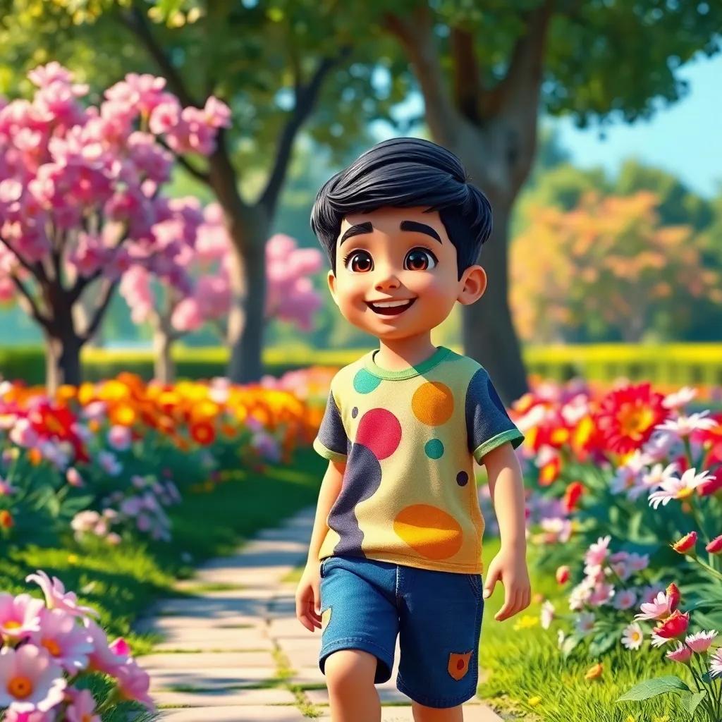 A young Arab boy, Sami, with short black hair, wearing a colorful t-shirt and shorts, walking happily in a beautiful park with flowers around, joyful atmosphere, digital art, bright colors, cheerful perspective, high quality