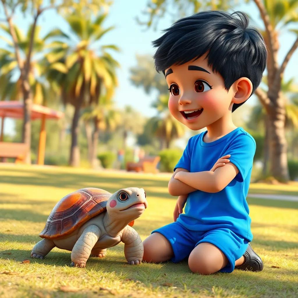 A young Arab boy, Sami, with short black hair, wearing a bright blue t-shirt and shorts, happily talking to a small turtle in a sunny park, playful atmosphere, child-friendly scene, warm colors, cute and inviting, high quality