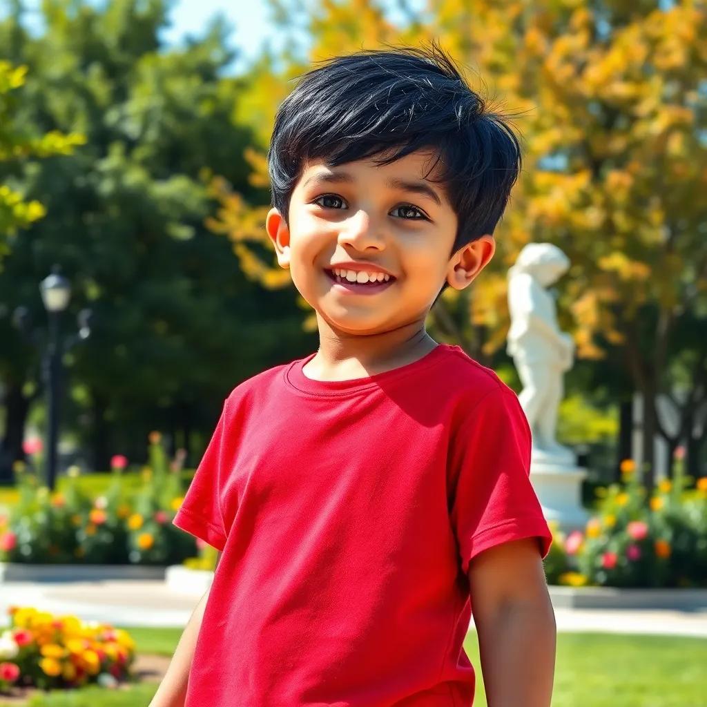 A young Arab boy, Yusuf, with short black hair wearing a red t-shirt and blue shorts, playing happily in a sunny park surrounded by trees and flowers, cheerful atmosphere, vibrant colors, digital art, high quality