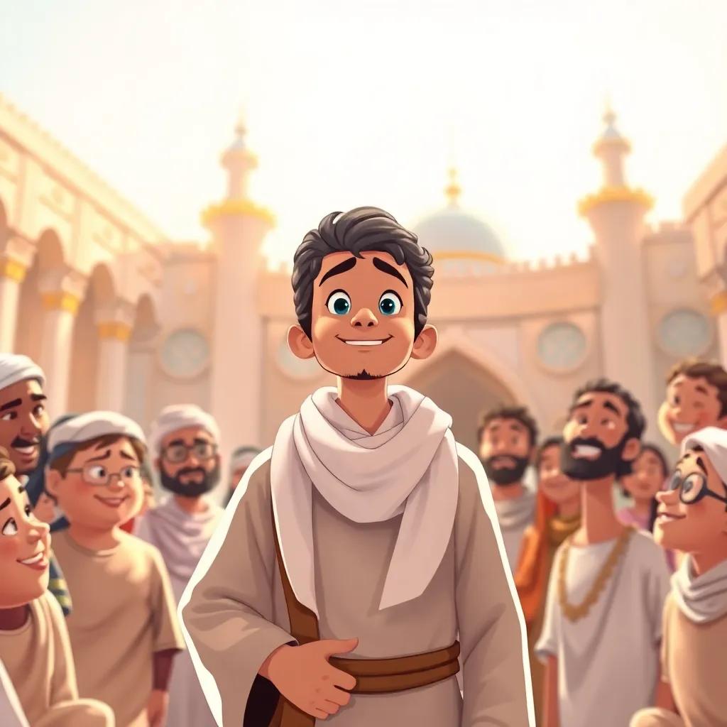 Al-Tufayl bin Amr al-Dawsi, a young Arab man with short, dark hair, wearing a traditional thobe and a white scarf, standing proudly in front of the Prophet Muhammad in Medina, surrounded by eager listeners, bright atmosphere, joyful expressions, storytelling scene, detailed illustration
