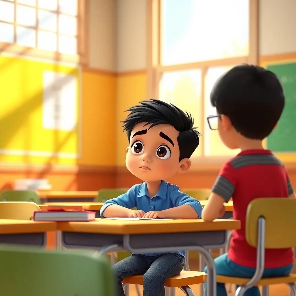 A sunny classroom with three students: Ali, a young Arab boy with short black hair, wearing a blue shirt and jeans, sitting at a desk looking bored; detailed digital art, bright colors, light streaming in through the windows, child-friendly
