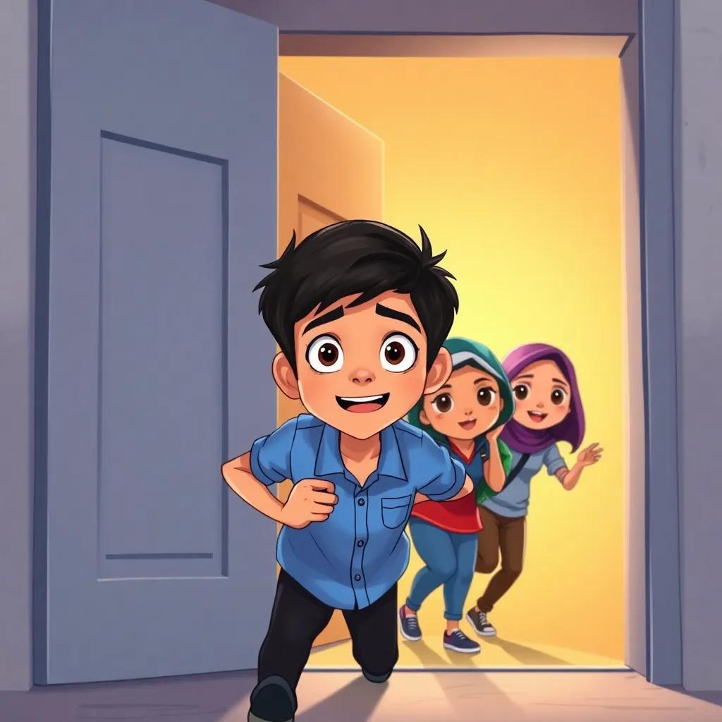 Ali, a young Arab boy, with short black hair, wearing a blue shirt, sneaking out the back door of the school with his friends Fatima and Sami, looking excited; illustration, action-themed, colorful, friendly environment