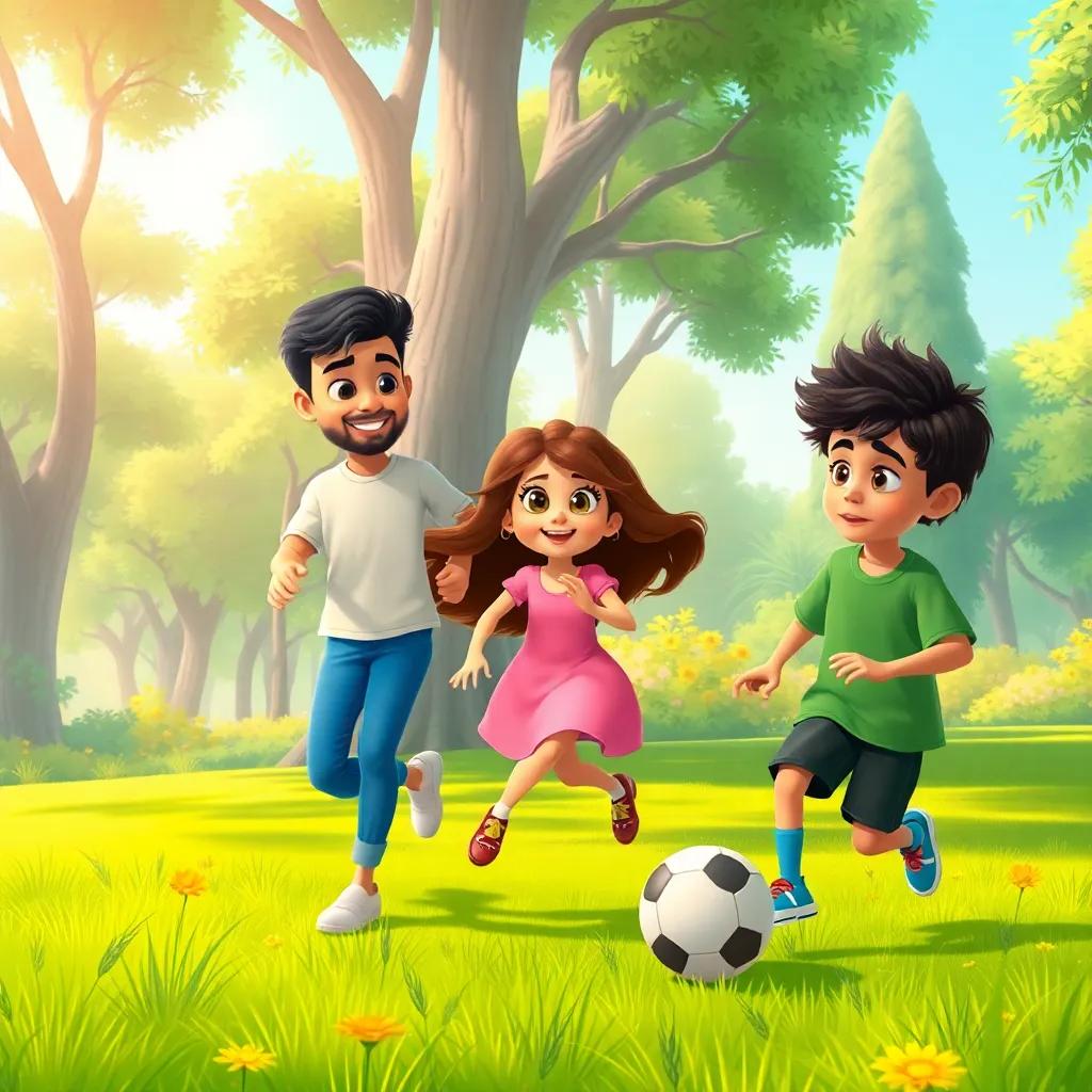 The three friends in a lush green park with tall trees, Ali, Fatima, a young Arab girl with long brown hair in a pink dress, and Sami, a young Arab boy with curly hair wearing a green shirt, playing soccer; vibrant colors, lively atmosphere, joyful